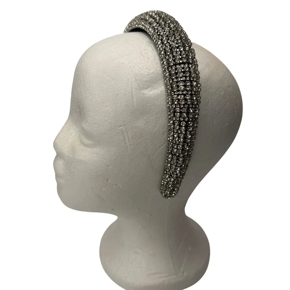 Silver Rhinestone Padded Headband Wide Crystal Statement Hair Accessory Glam
